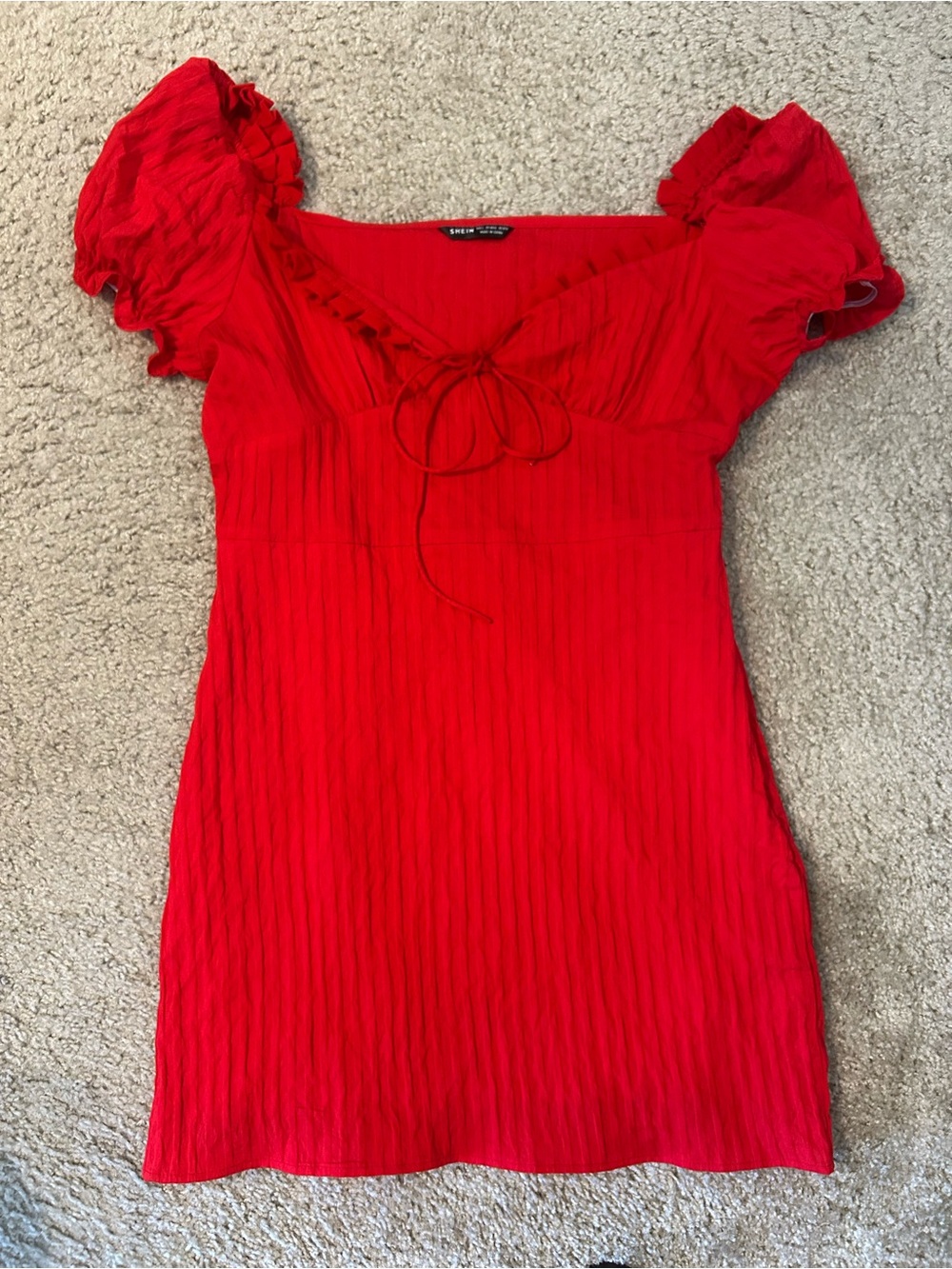 SHEIN Red Tie-Front Puff Sleeve Mini Dress